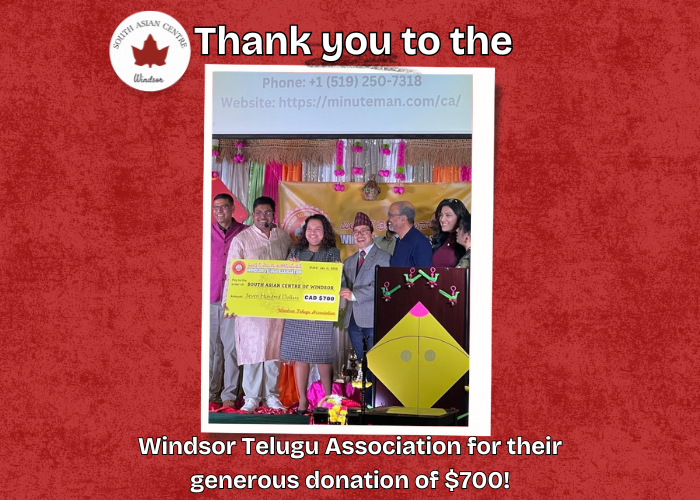 Windsor Telugu Association Makes A Generous $700 Donation to the South Asian Centre of Windsor